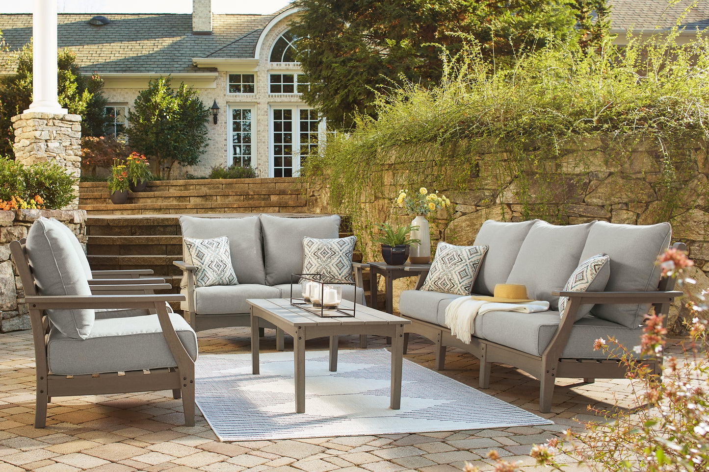 Visola Outdoor Sofa and Loveseat with 2 Lounge Chairs and End Table