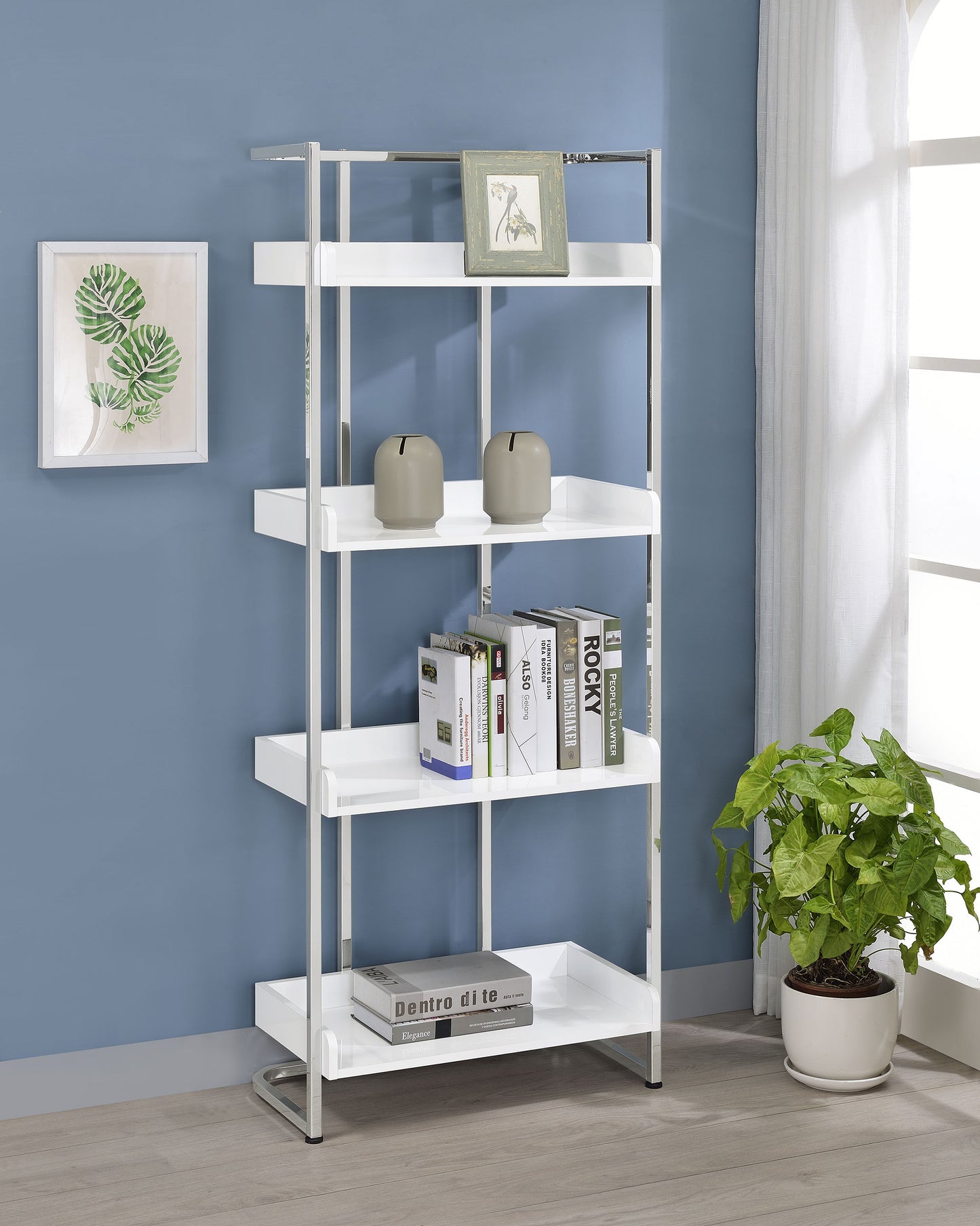 Ember 68-inch 4-shelf Bookshelf White High Gloss and Chrome