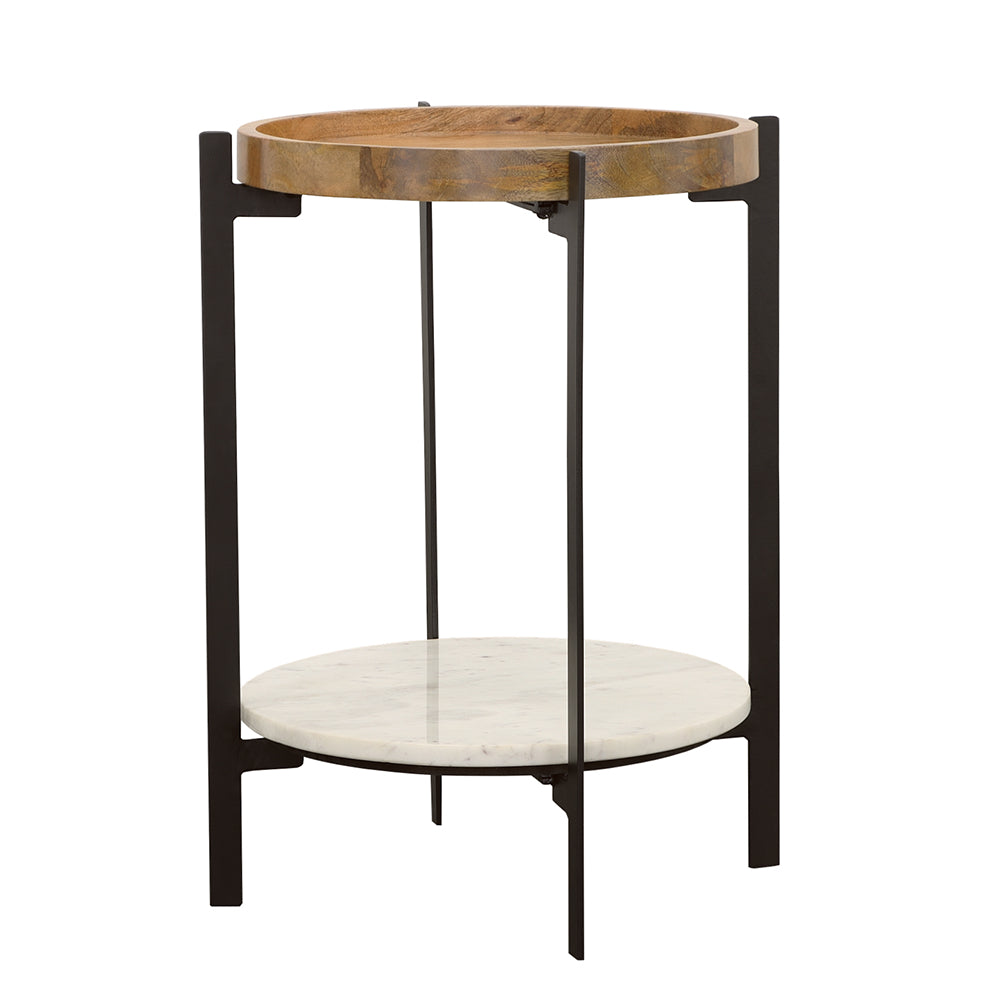 Adhvik Round Side Table with Marble Shelf Natural and Black