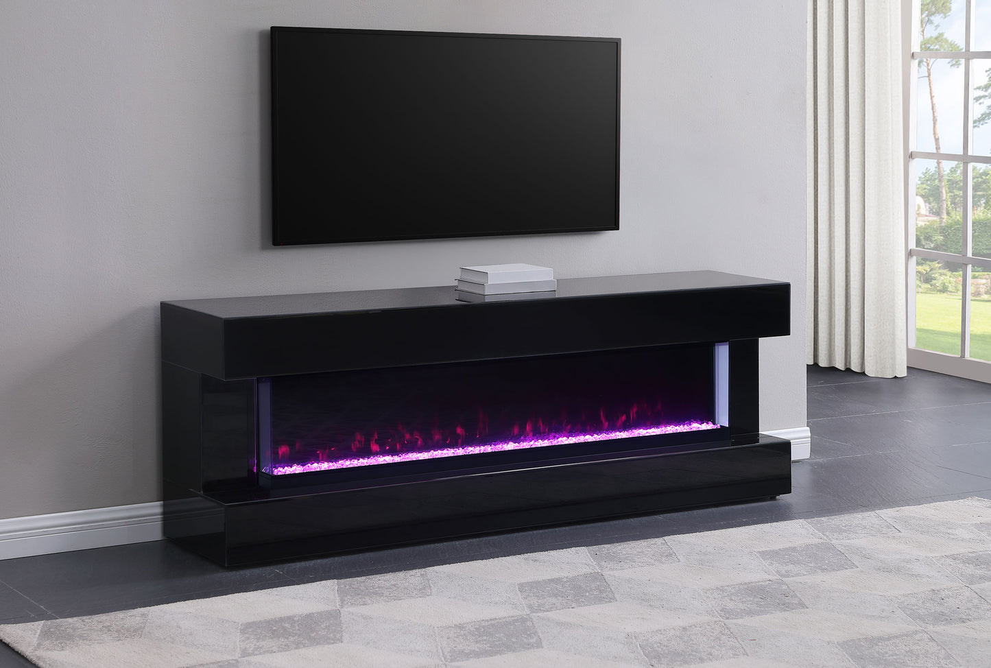 Vallerie 71" TV Stand with Visual Flame Box Black