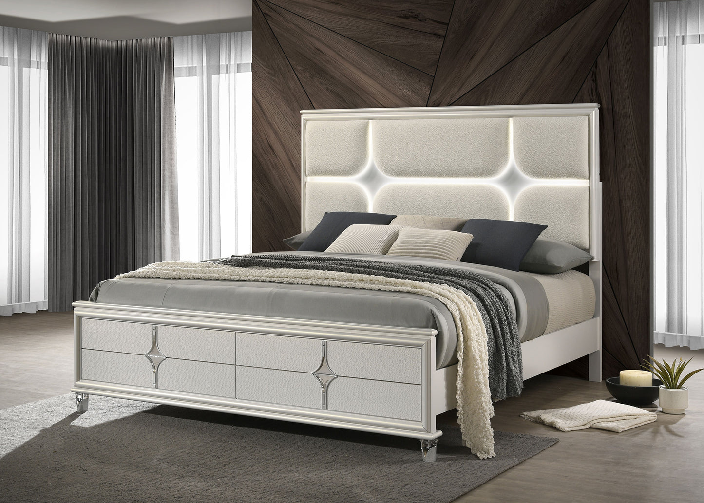 Olivia Eastern King Panel Bed LED Headboard Pearl White