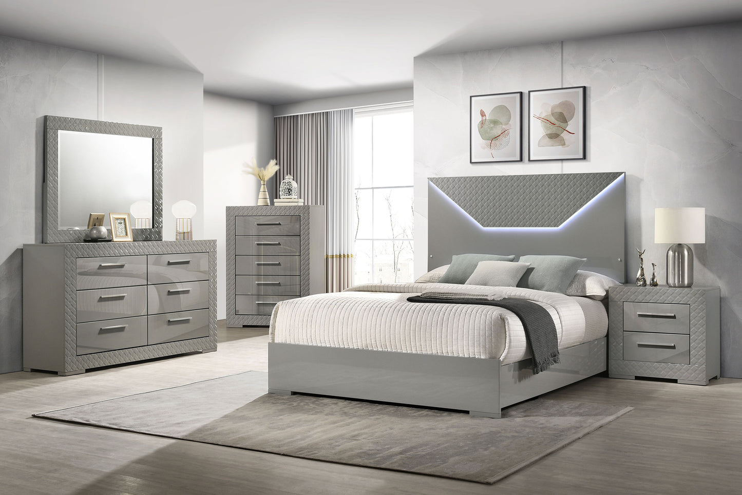 Ives 5-piece Queen Bedroom Set Grey High Gloss