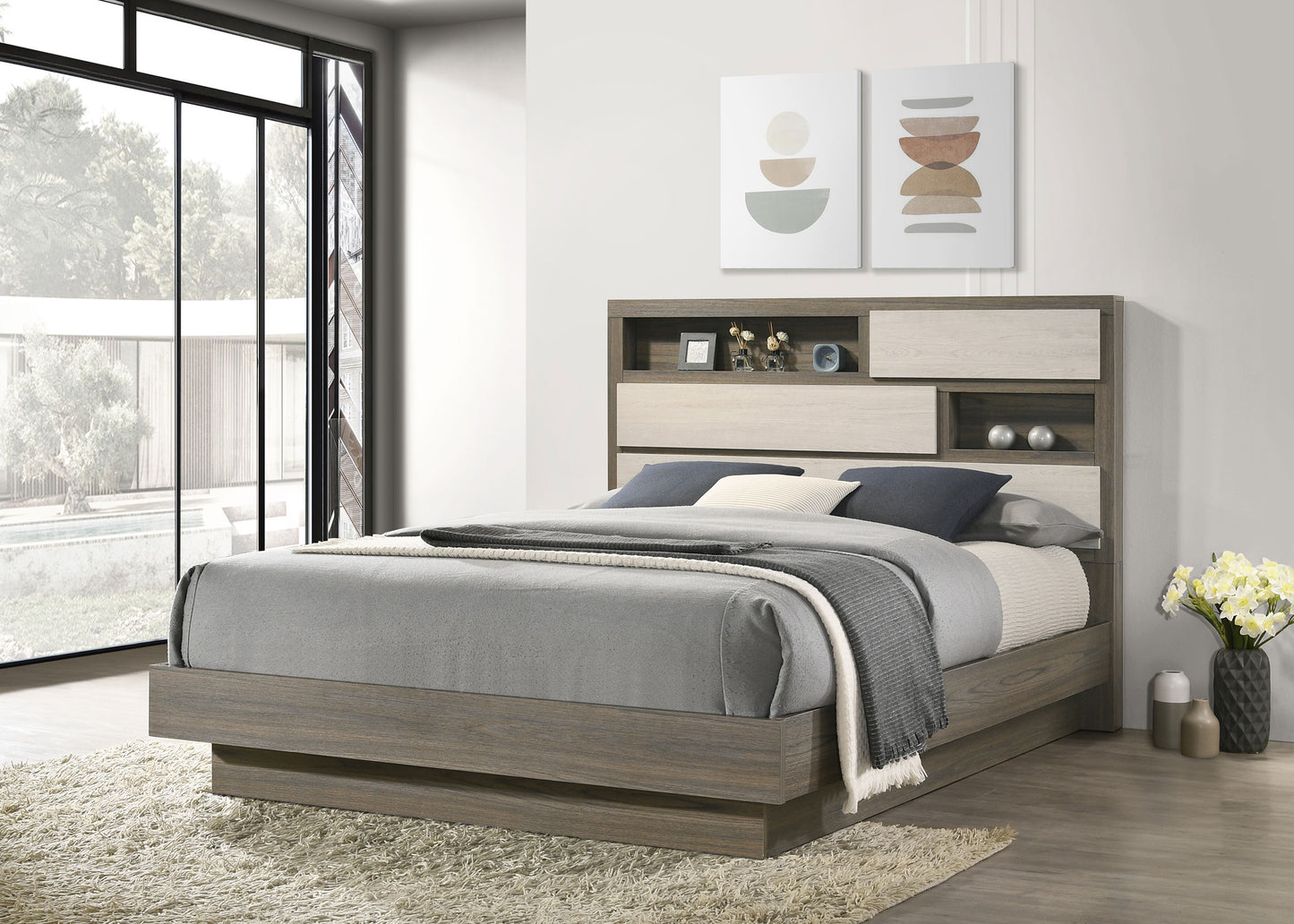 Fenwick California King Bed Bookcase Headboard Grey Oak