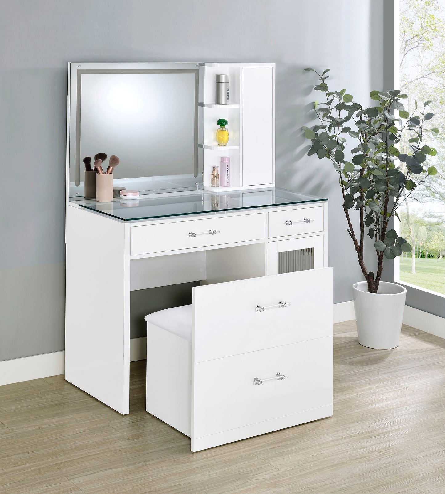 Flora 2-drawer Vanity Set with LED Mirror White High Gloss