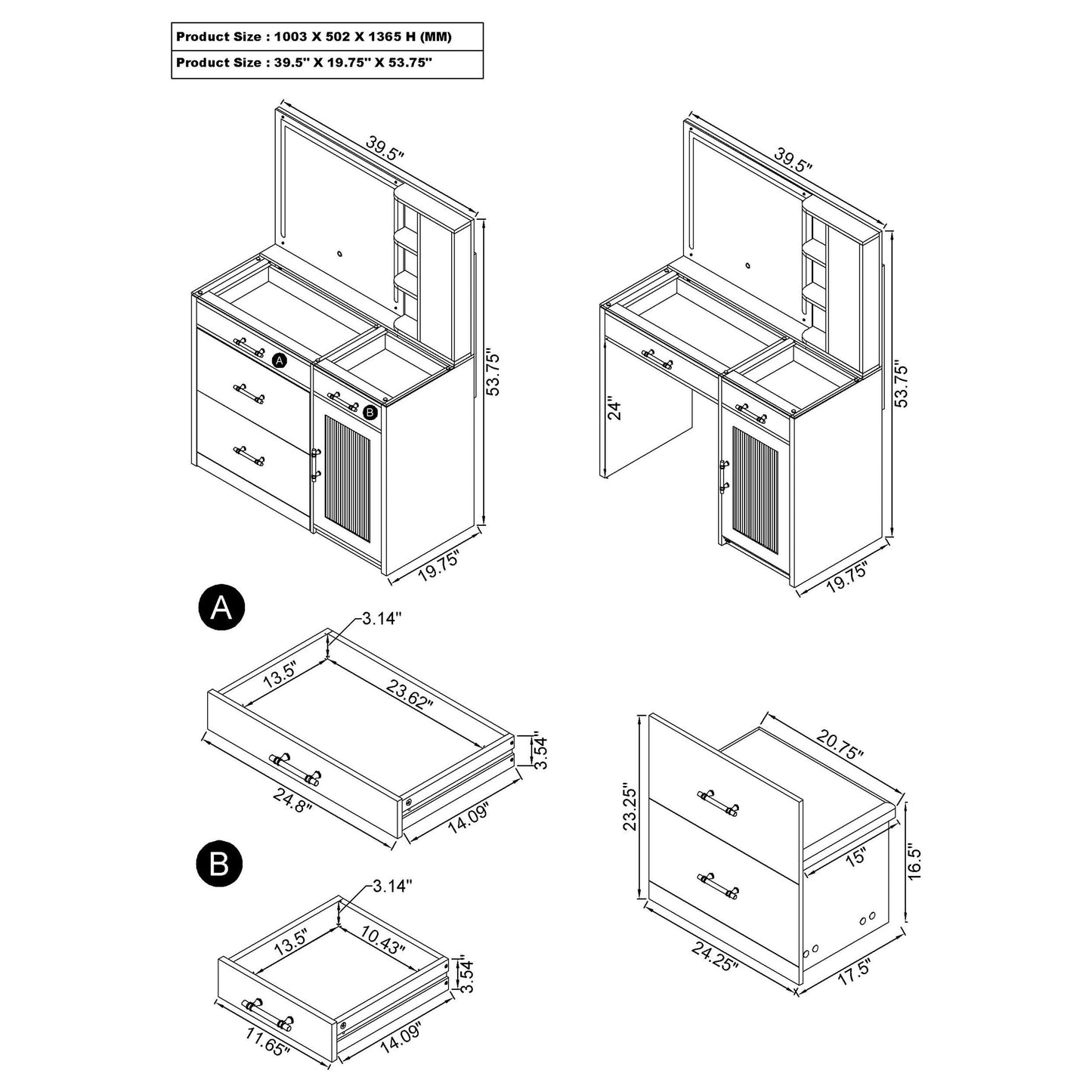 Flora 2-drawer Vanity Set with LED Mirror White High Gloss