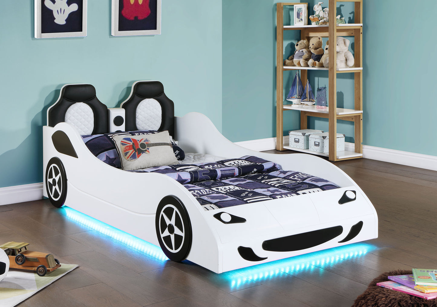 Cruiser Wood Twin LED Race Car Bed and 7-inch Mattress White