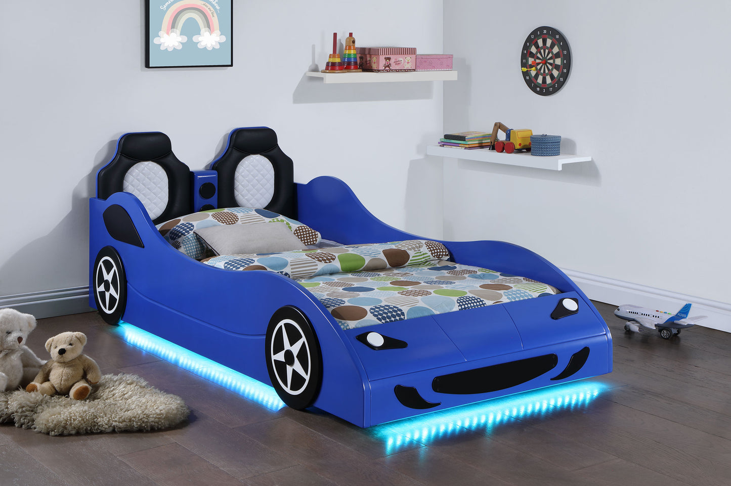 Cruiser Wood Twin LED Race Car Bed and 7-inch Mattress Blue