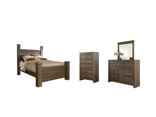 Juararo Queen Poster Bed with Mirrored Dresser and Chest