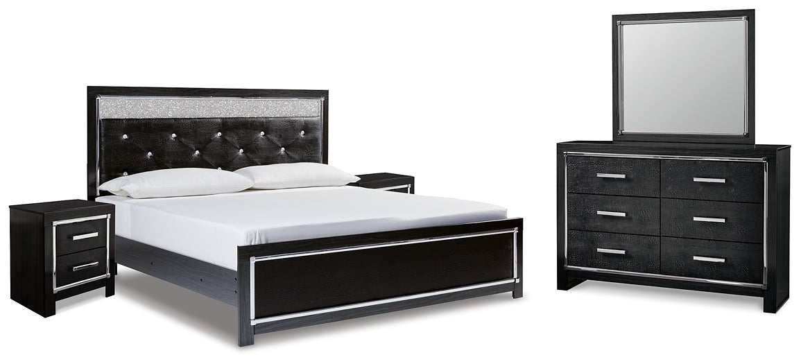 Kaydell King Upholstered Panel Platform Bed with Mirrored Dresser and 2 Nightstands