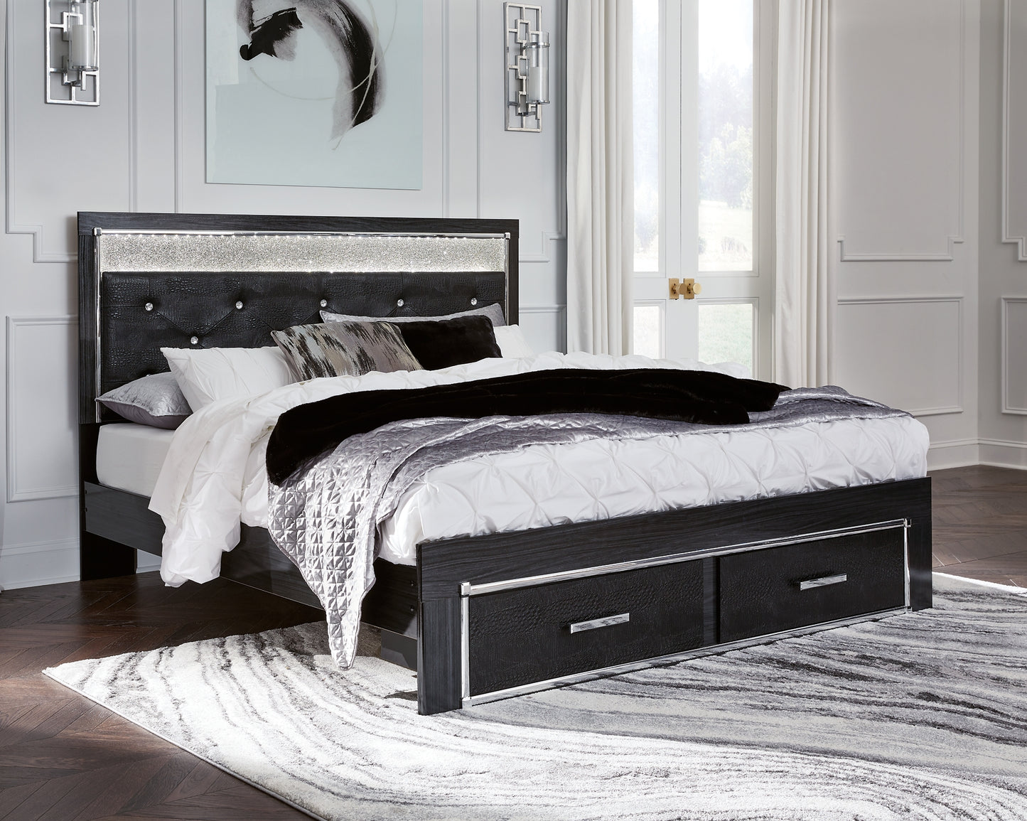 Kaydell King Upholstered Panel Storage Bed with Mirrored Dresser, Chest and Nightstand