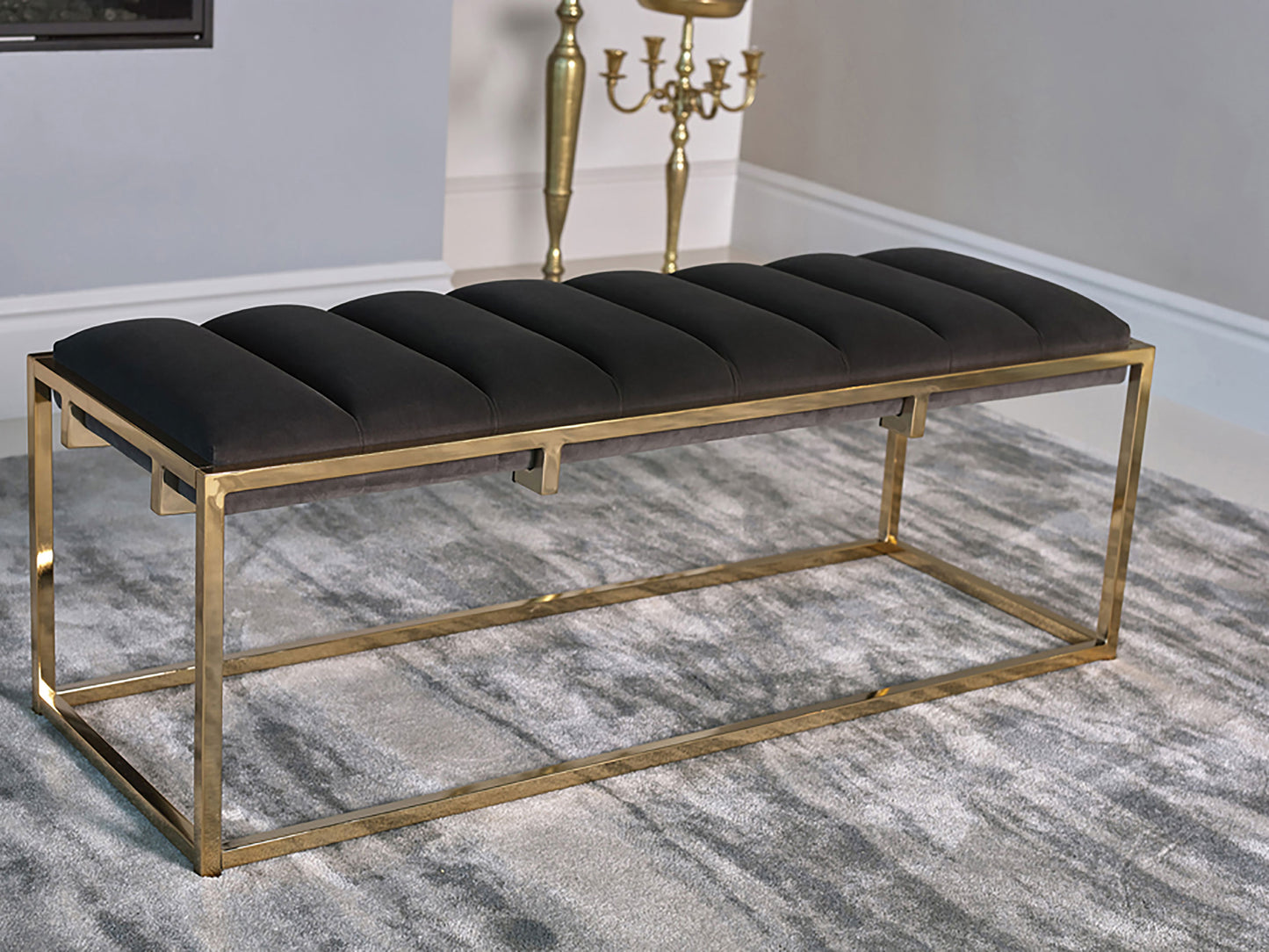 Lorena Velvet Upholstered Bench Dark Grey and Gold